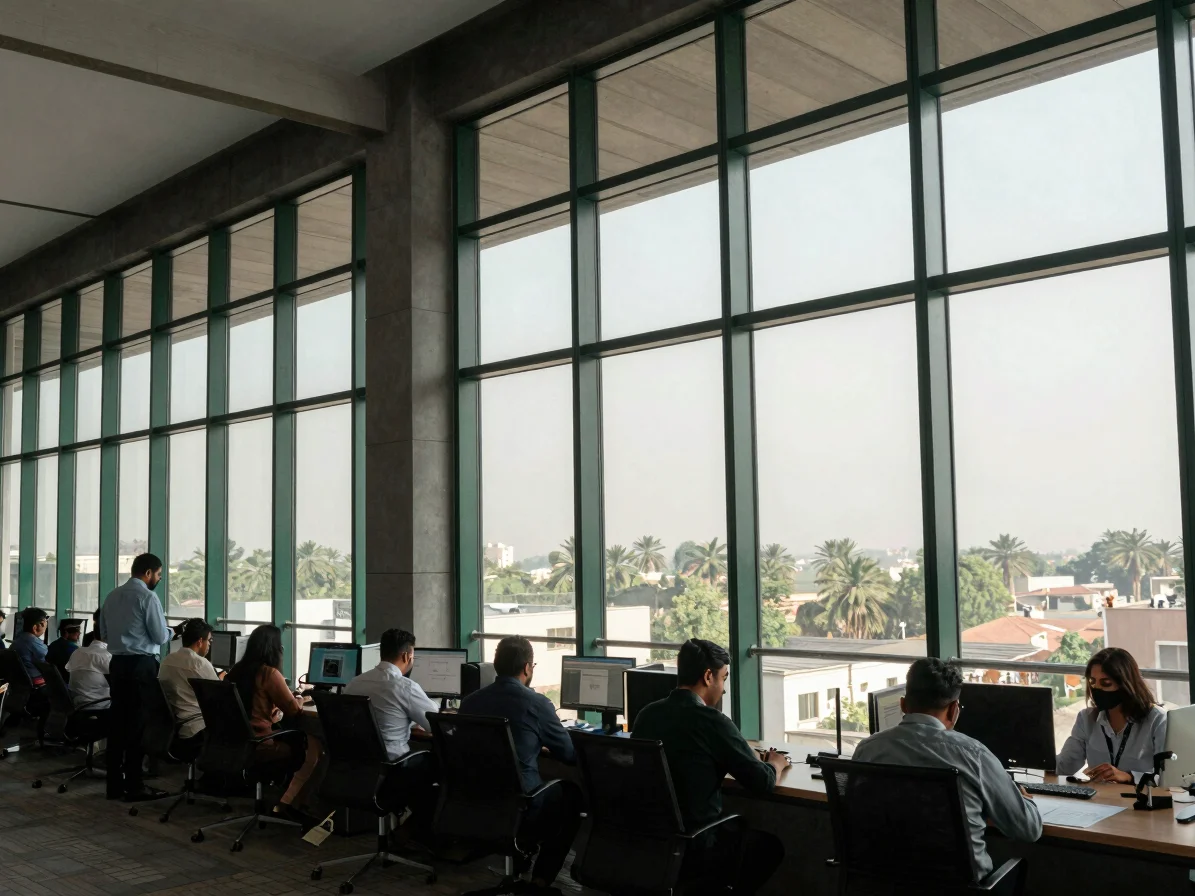 Wide environmental photograph of a modern technology hub in Lahore with professionals working near expansive glass windo